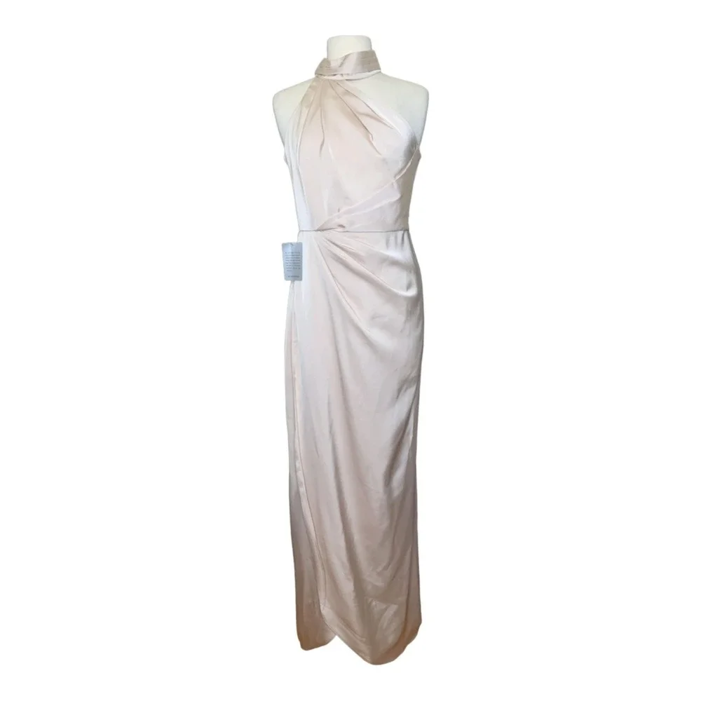 Elle Zeitoune Champagne Satin Halter Neck Maxi Dress Gown Medium Formal Wedding